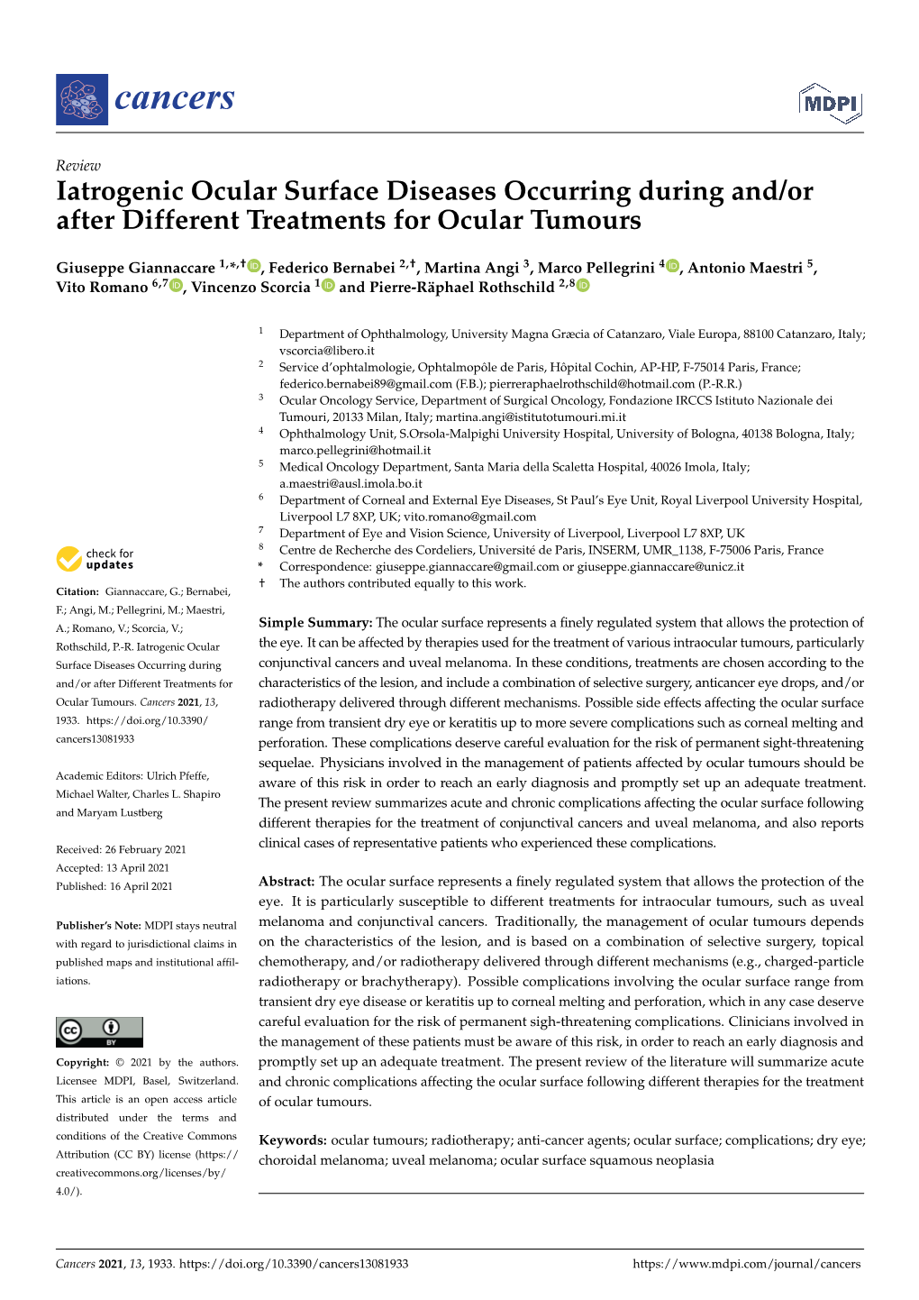 Iatrogenic Ocular Surface Diseases Occurring During And/Or After Different Treatments for Ocular Tumours