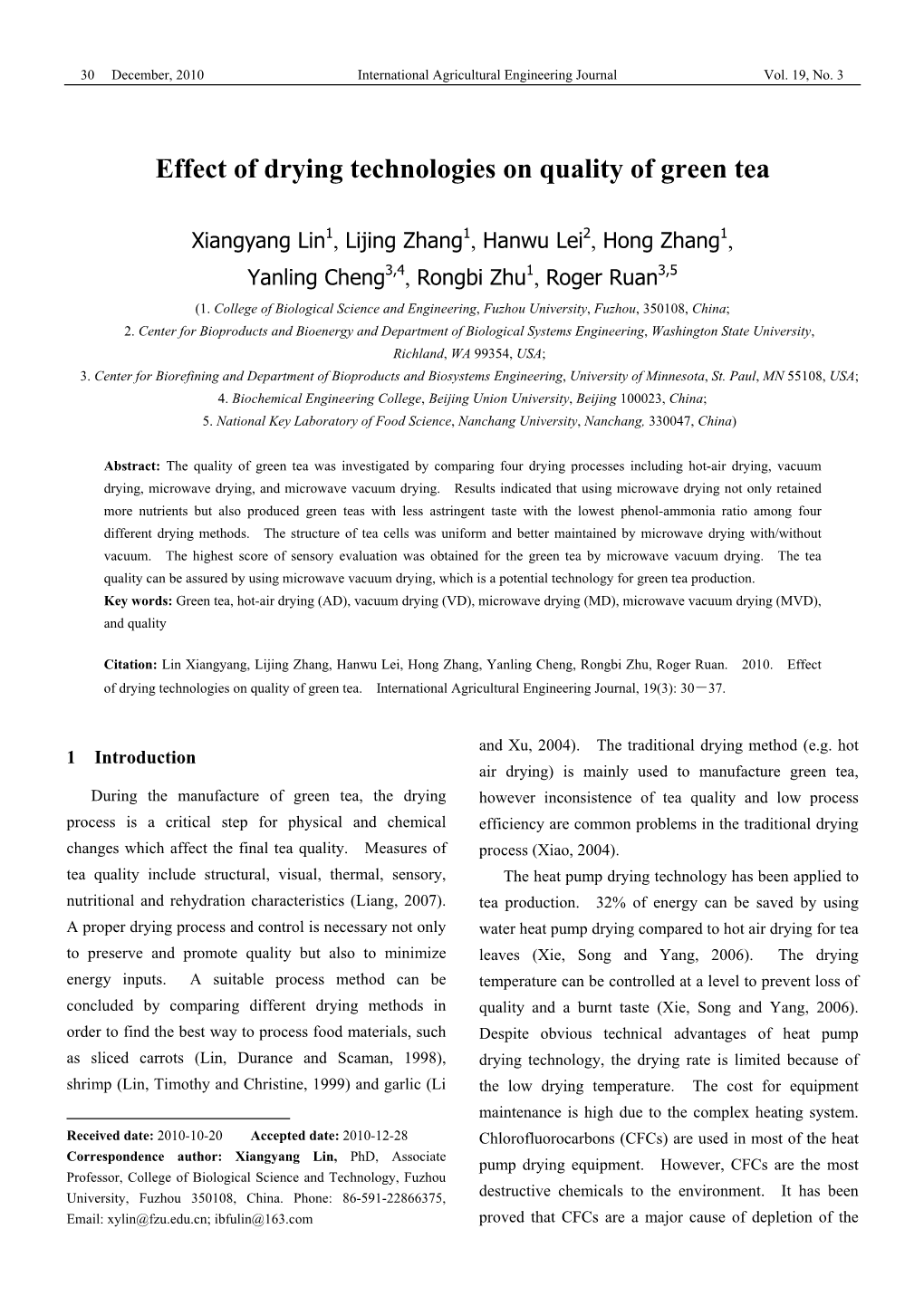 Effect of Drying Technologies on Quality of Green Tea