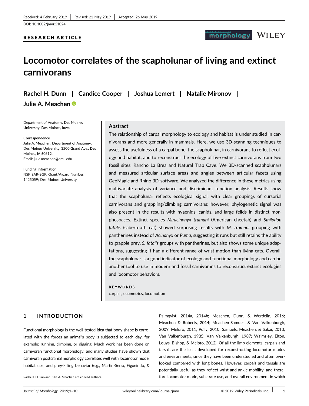 Locomotor Correlates of the Scapholunar of Living and Extinct Carnivorans