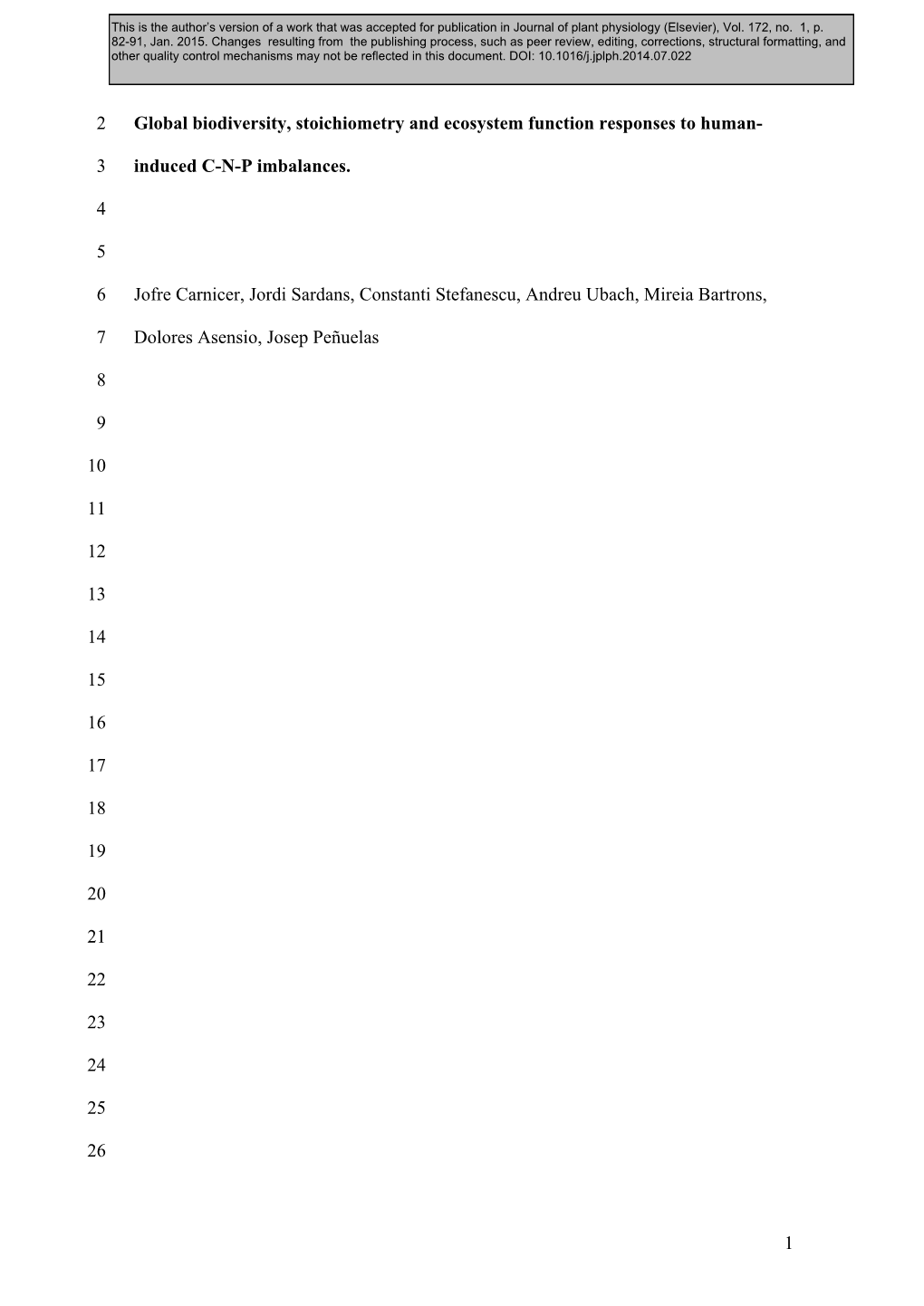 1 Global Biodiversity, Stoichiometry and Ecosystem Function