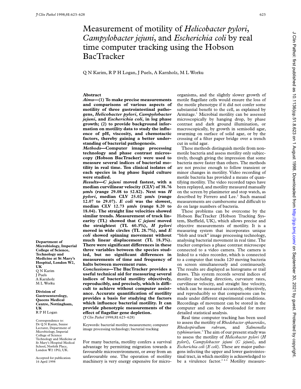 Measurement of Motility of Helicobacter Pylori, Campylobacter