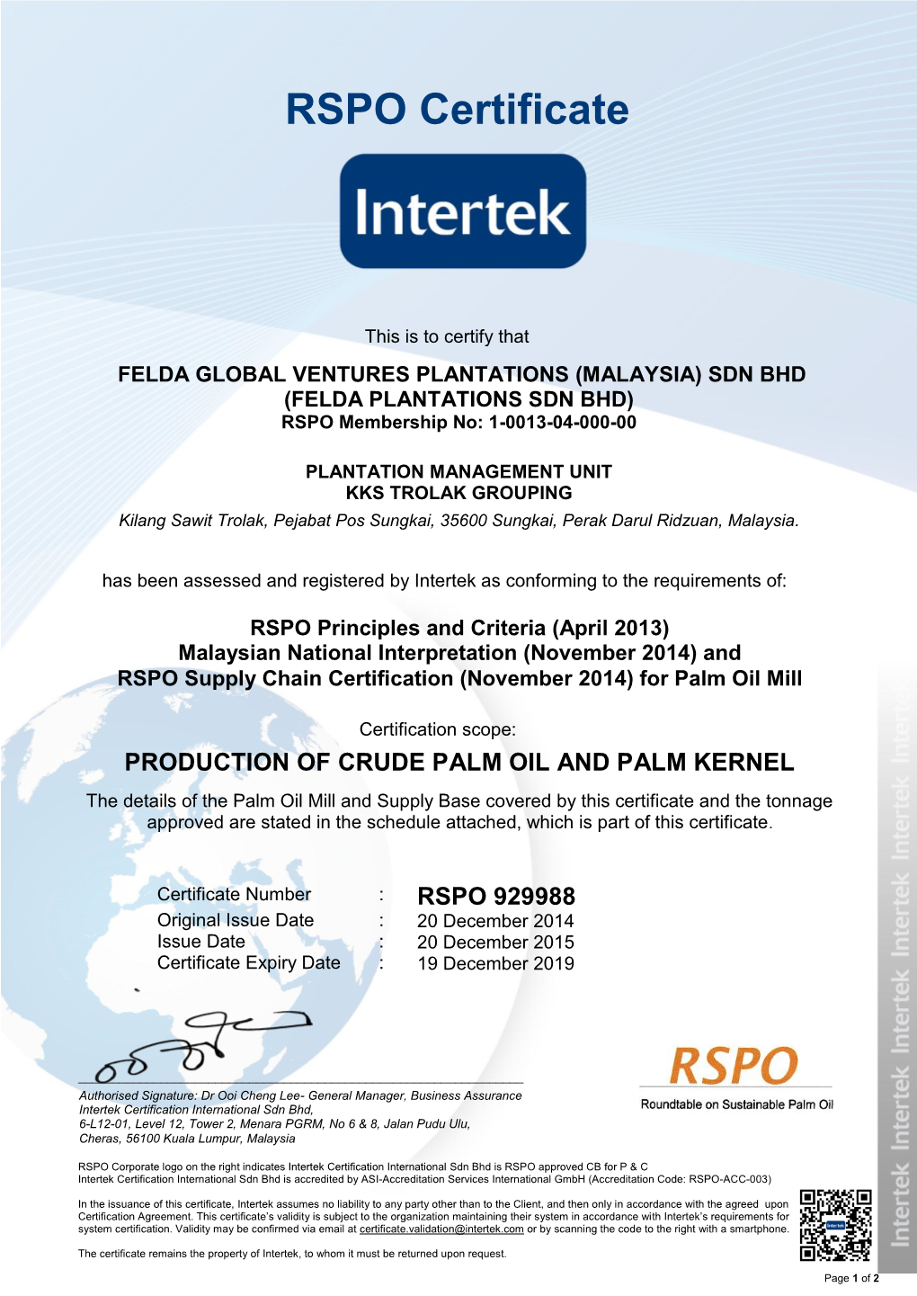 RSPO Certificate