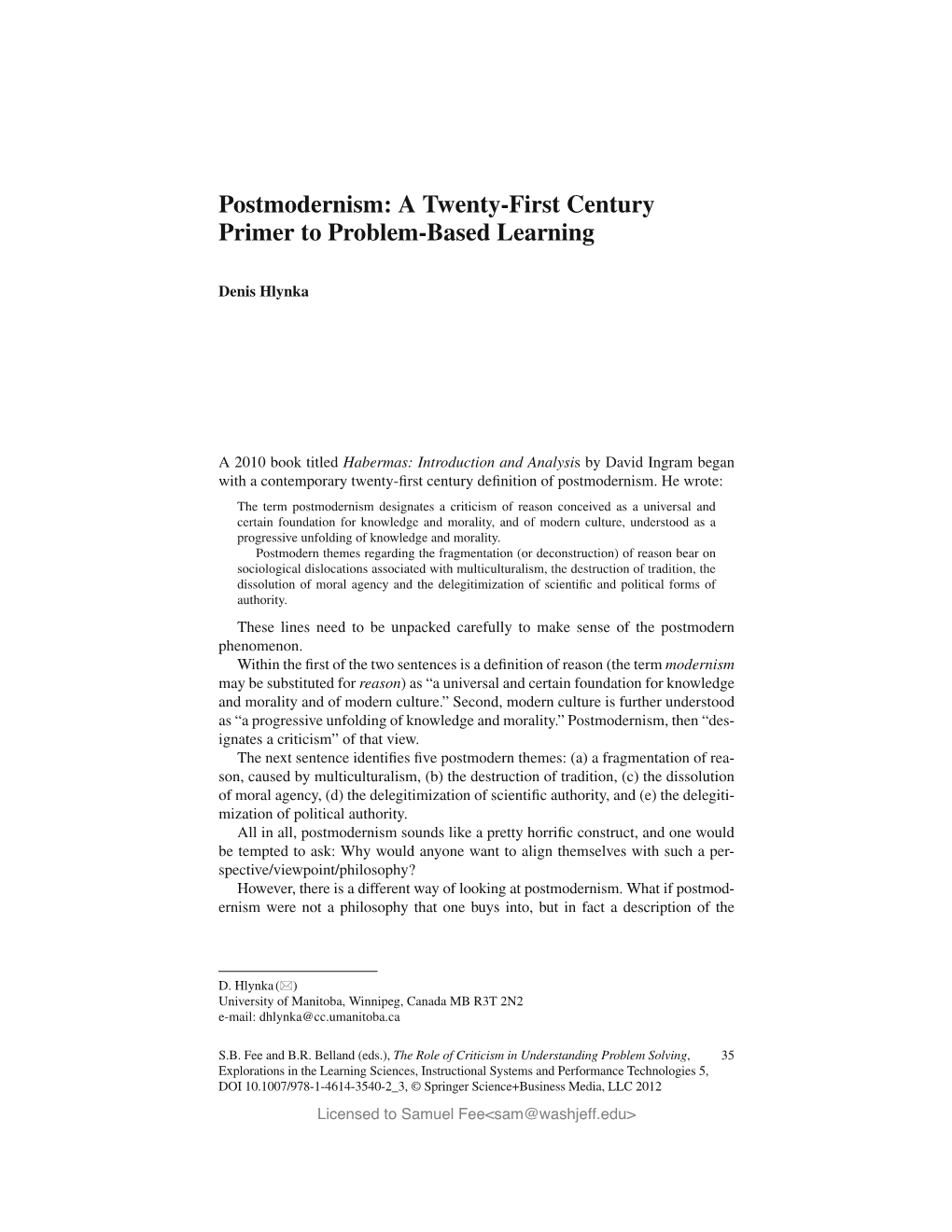 Postmodernism: a Twenty-First Century Primer to Problem-Based Learning