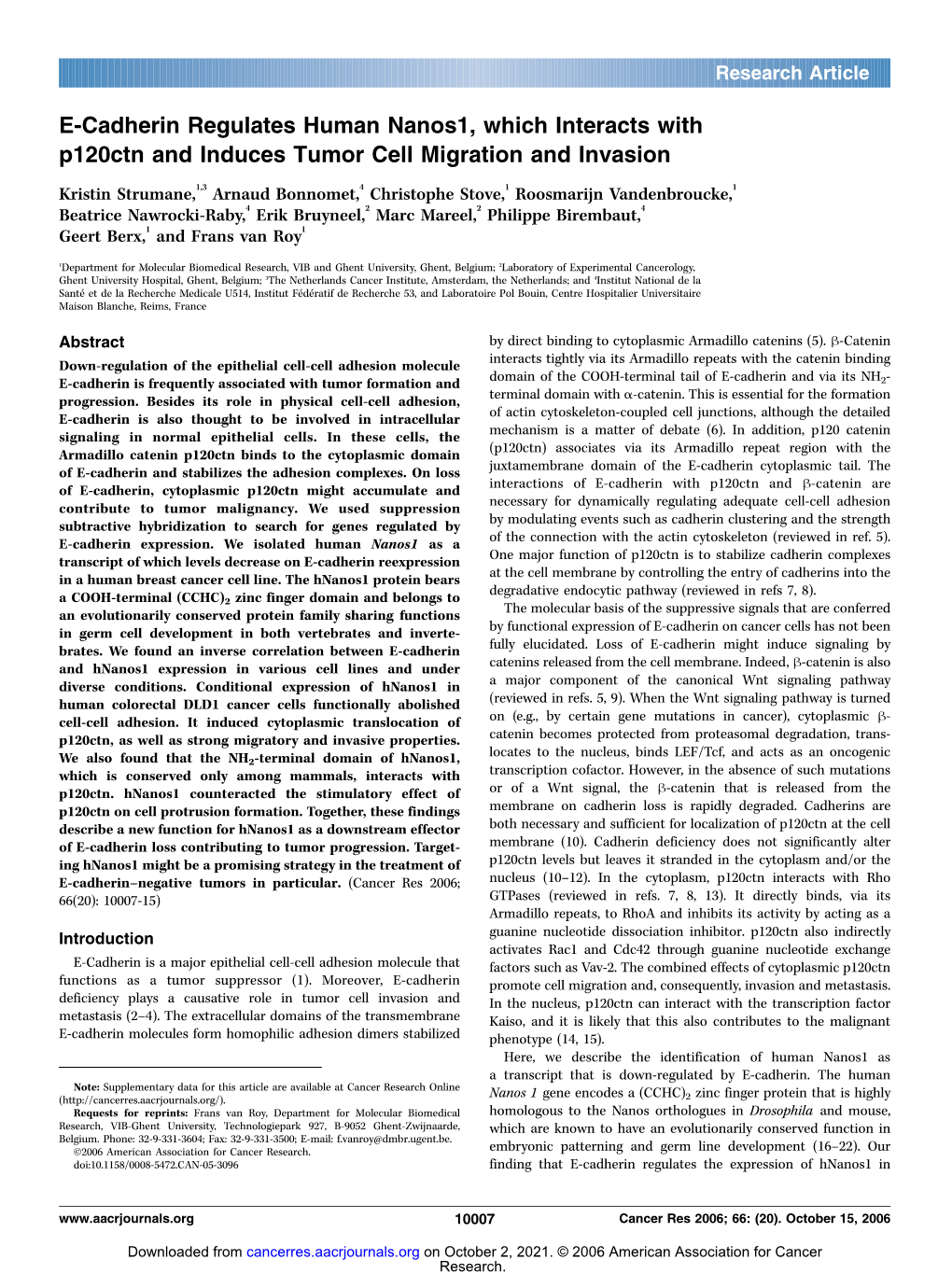 E-Cadherin Regulates Human Nanos1, Which Interacts With