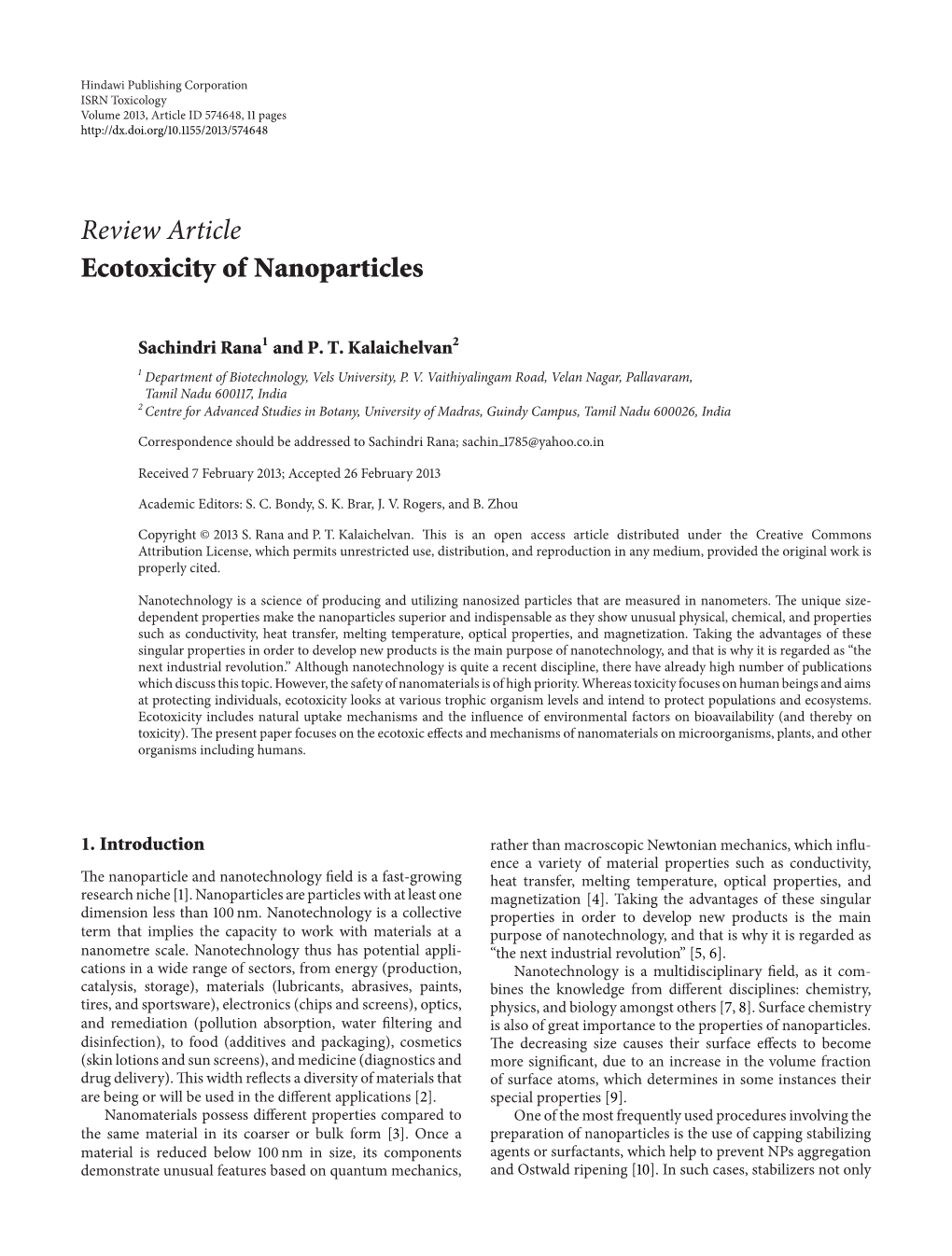 Review Article Ecotoxicity of Nanoparticles