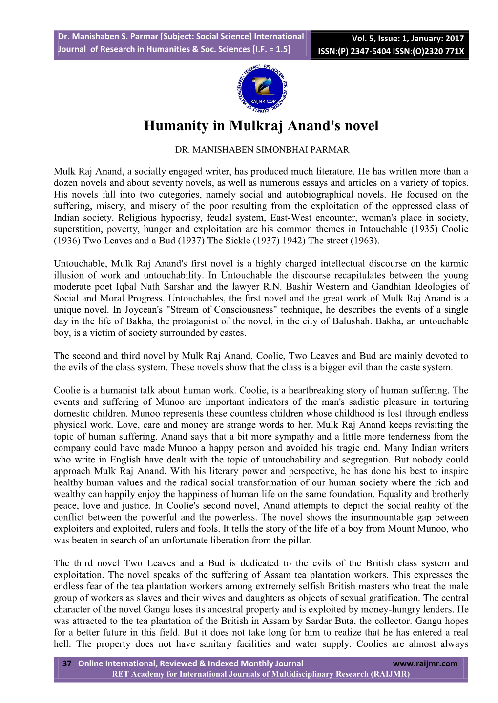 Humanity in Mulkraj Anand's Novel