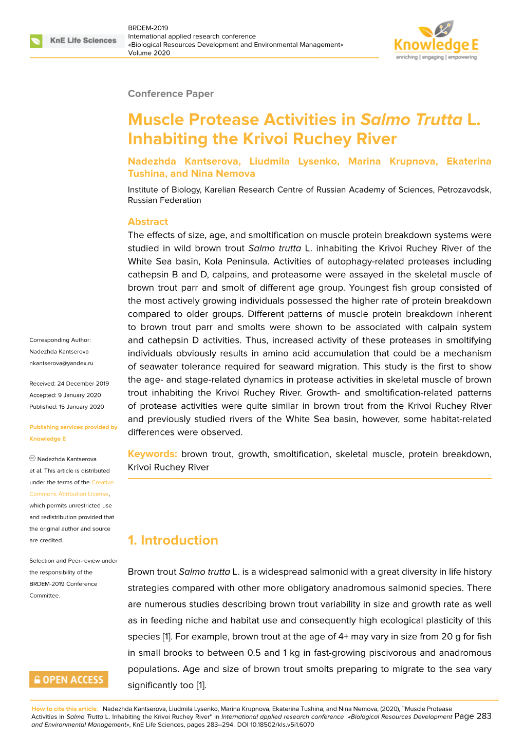 Muscle Protease Activities in Salmo Trutta L. Inhabiting the Krivoi