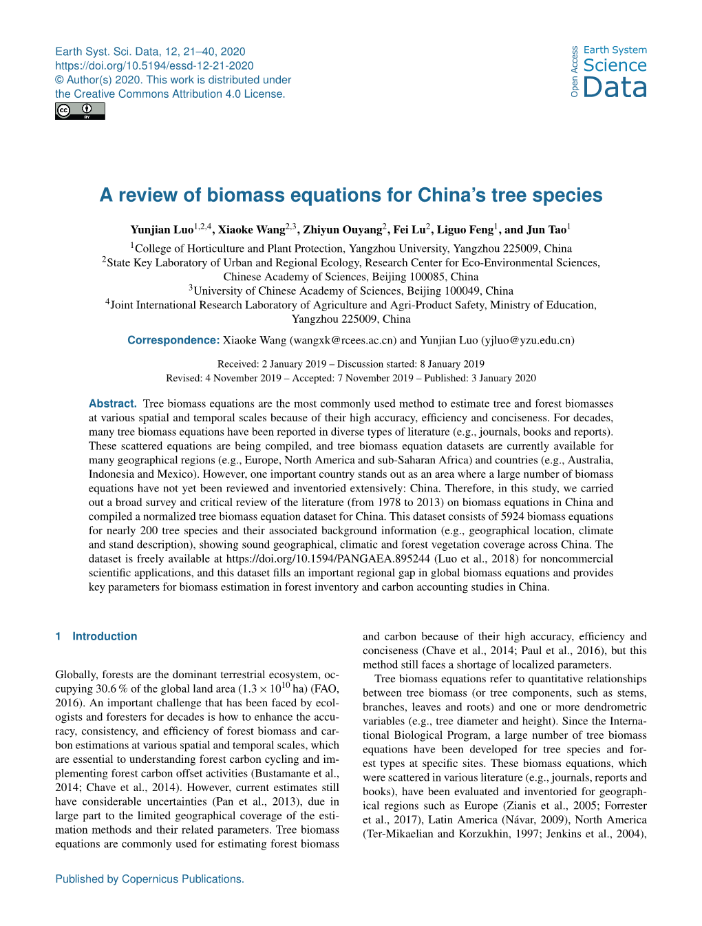 A Review of Biomass Equations for China's Tree Species