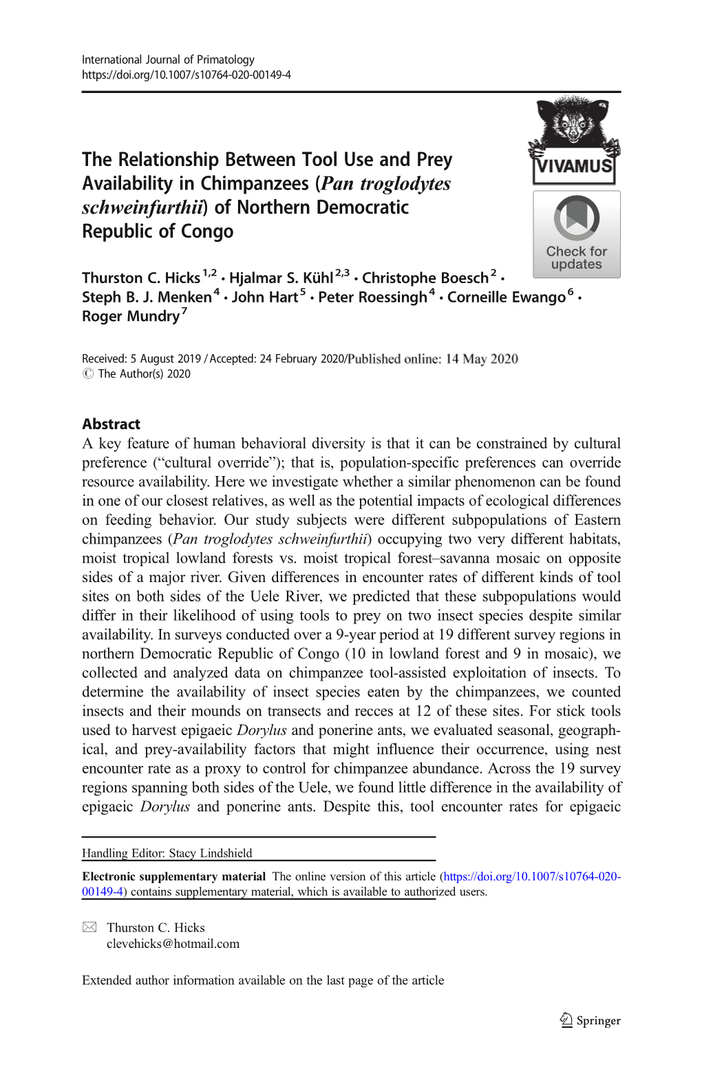 Pan Troglodytes Schweinfurthii) of Northern Democratic Republic of Congo