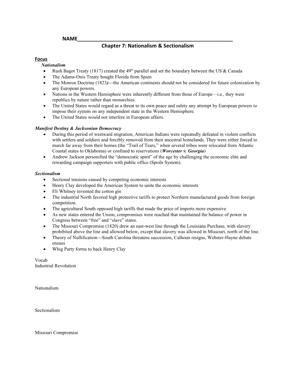 Chapter 7: Nationalism & Sectionalism