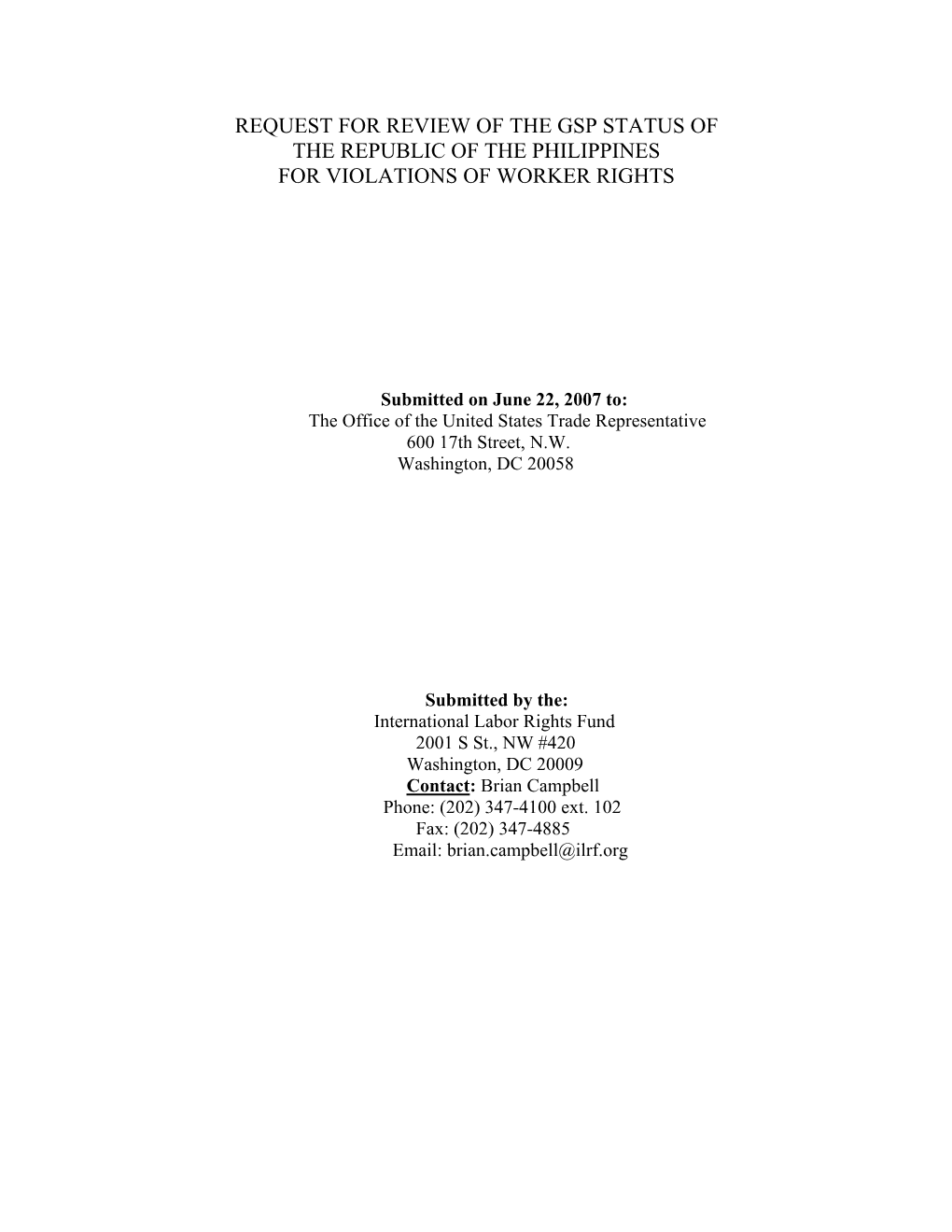 Request for Review of the Gsp Status of the Republic of the Philippines for Violations of Worker Rights