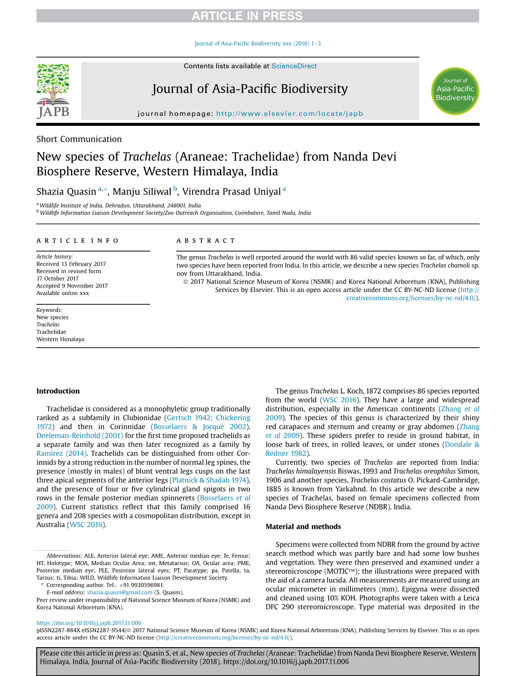 New Species of Trachelas (Araneae: Trachelidae) from Nanda Devi Biosphere Reserve, Western Himalaya, India