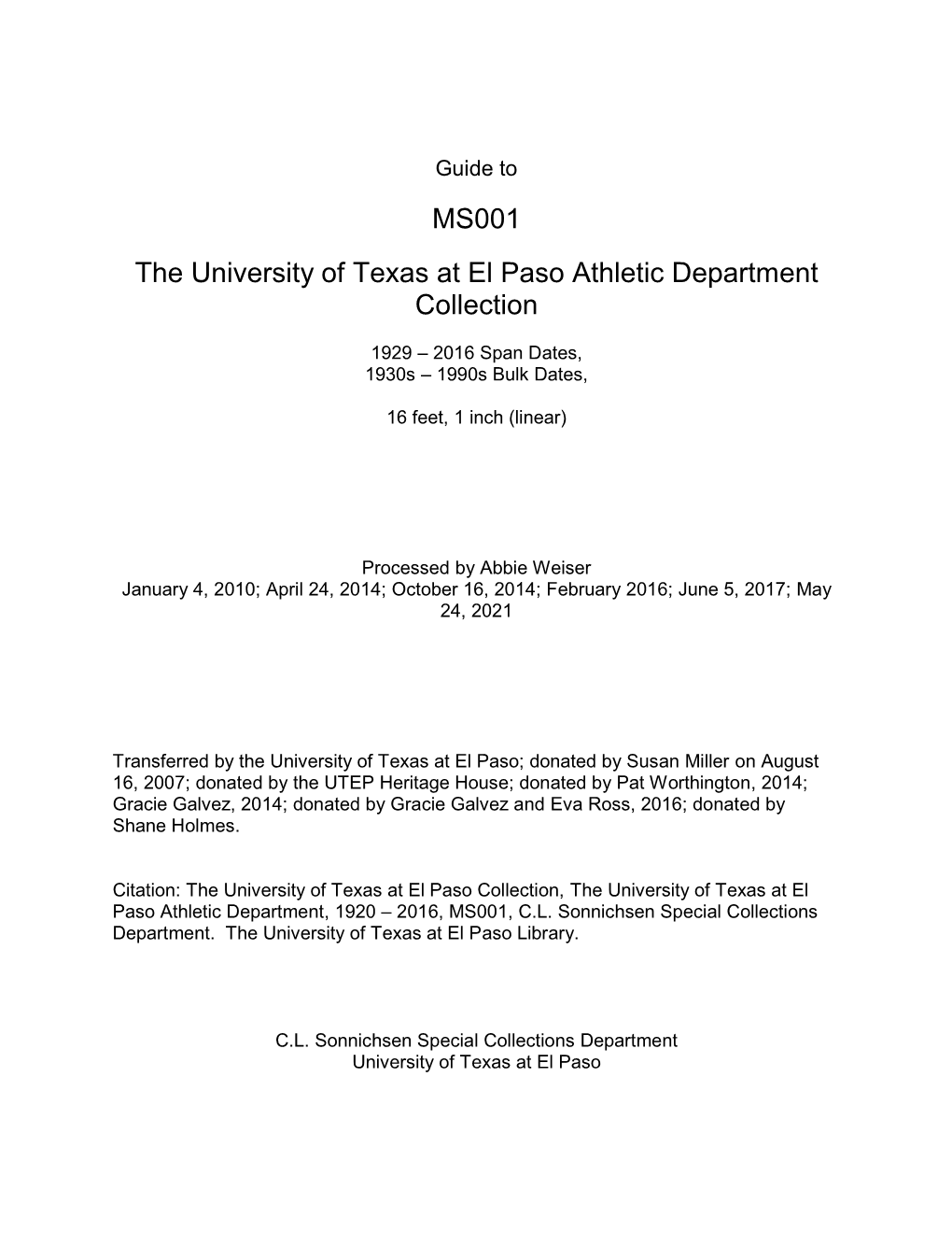 MS001 the University of Texas at El Paso Athletic Department Collection