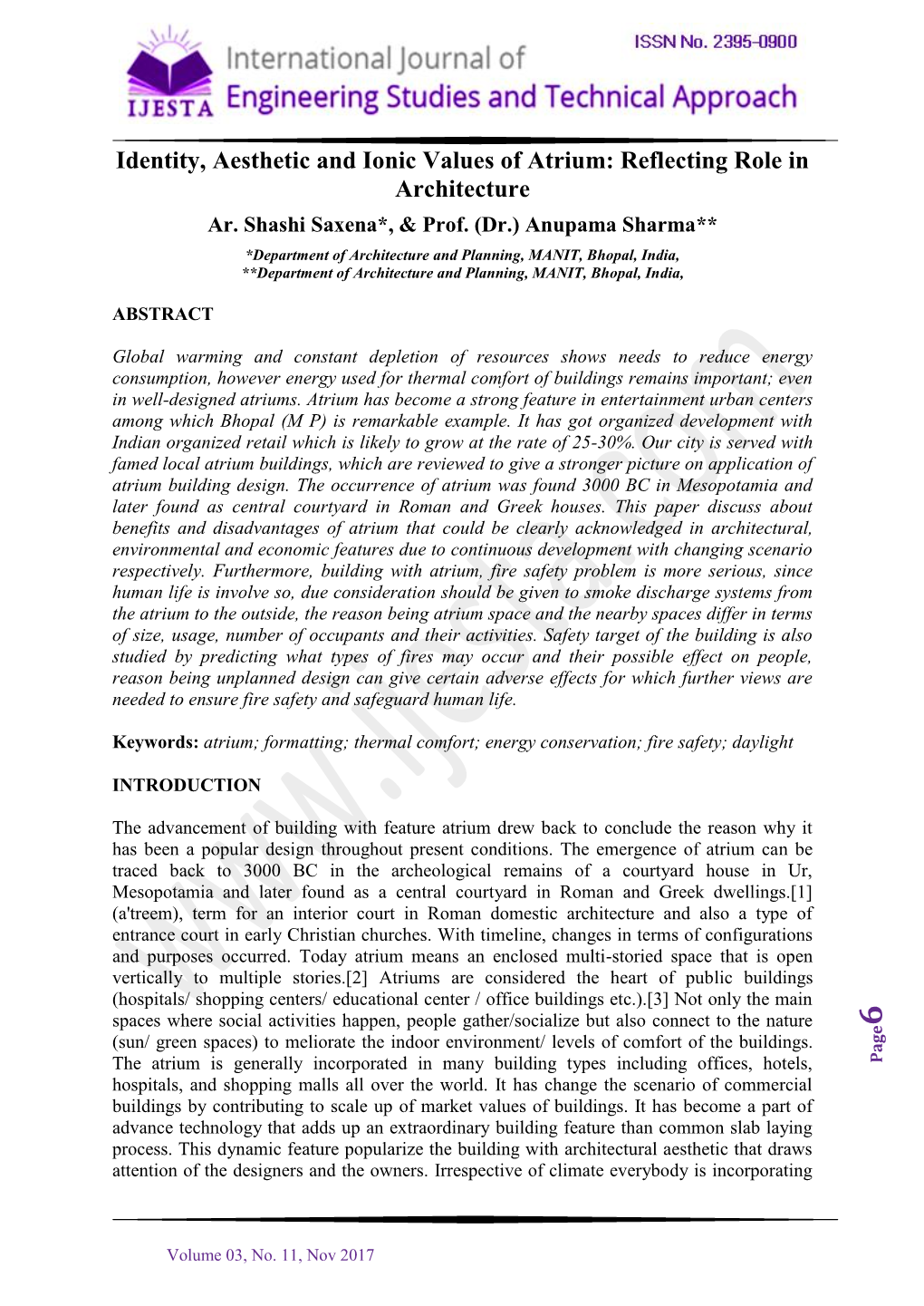 Identity, Aesthetic and Ionic Values of Atrium: Reflecting Role in Architecture Ar