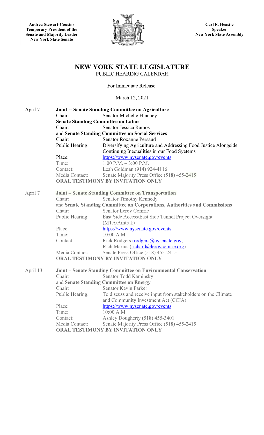 New York State Legislature Public Hearing Calendar