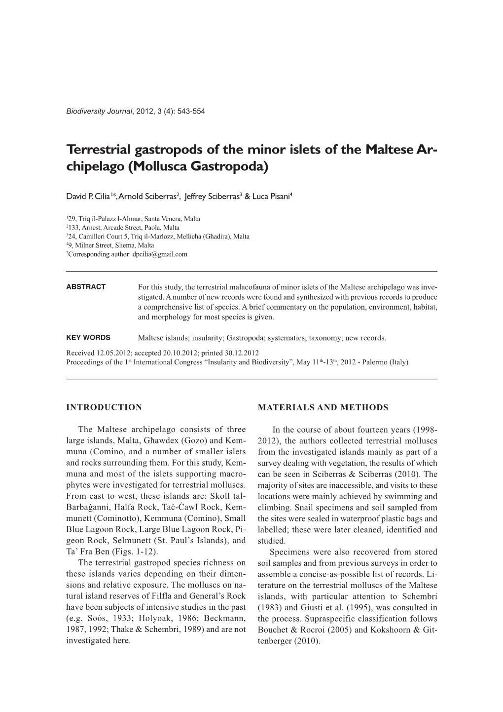 Terrestrial Gastropods of the Minor Islets of the Maltese Ar- Chipelago