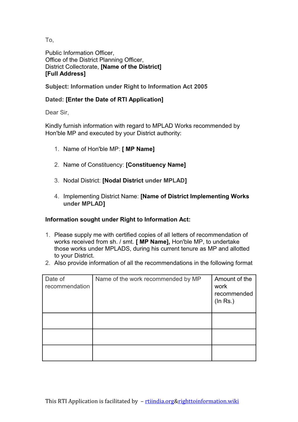 RTI Application for Asking MPLAD Funds Utilisation