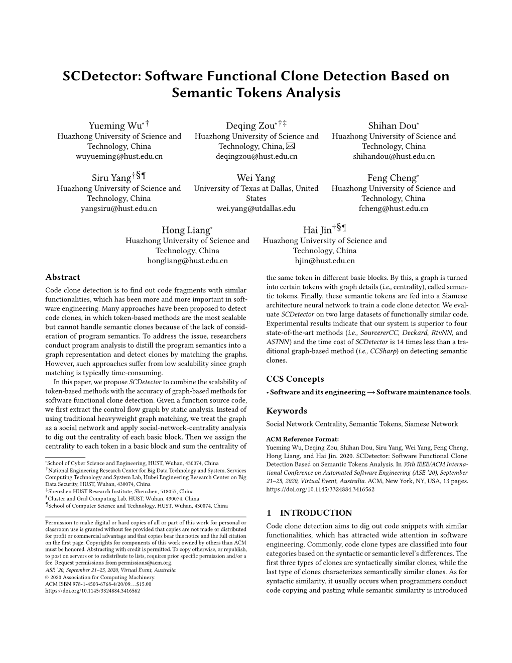 Scdetector: Software Functional Clone Detection Based on Semantic Tokens Analysis