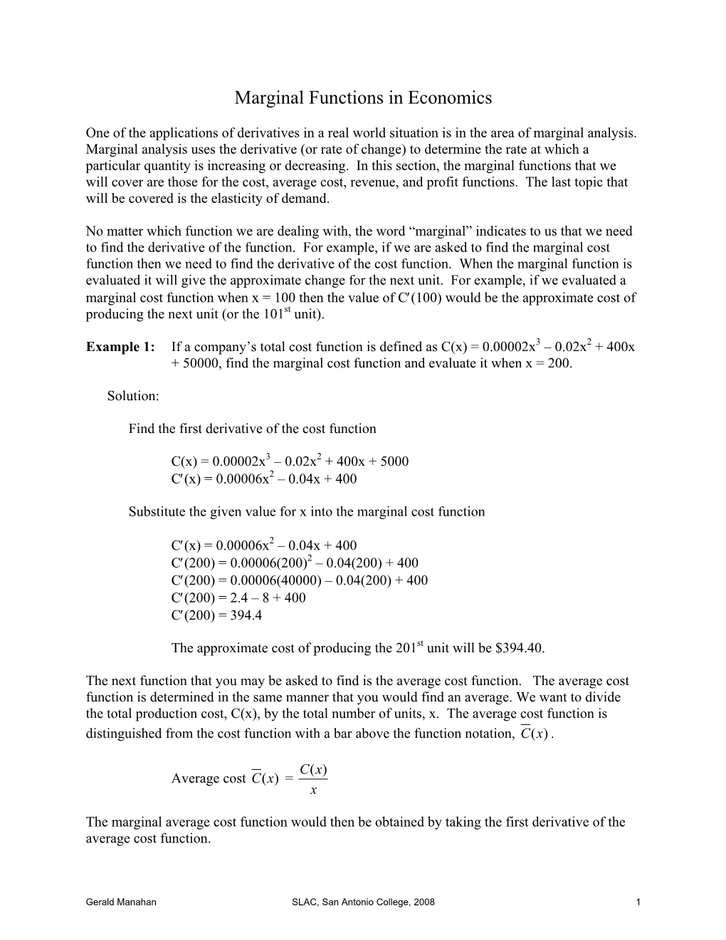 Marginal Functions in Economics