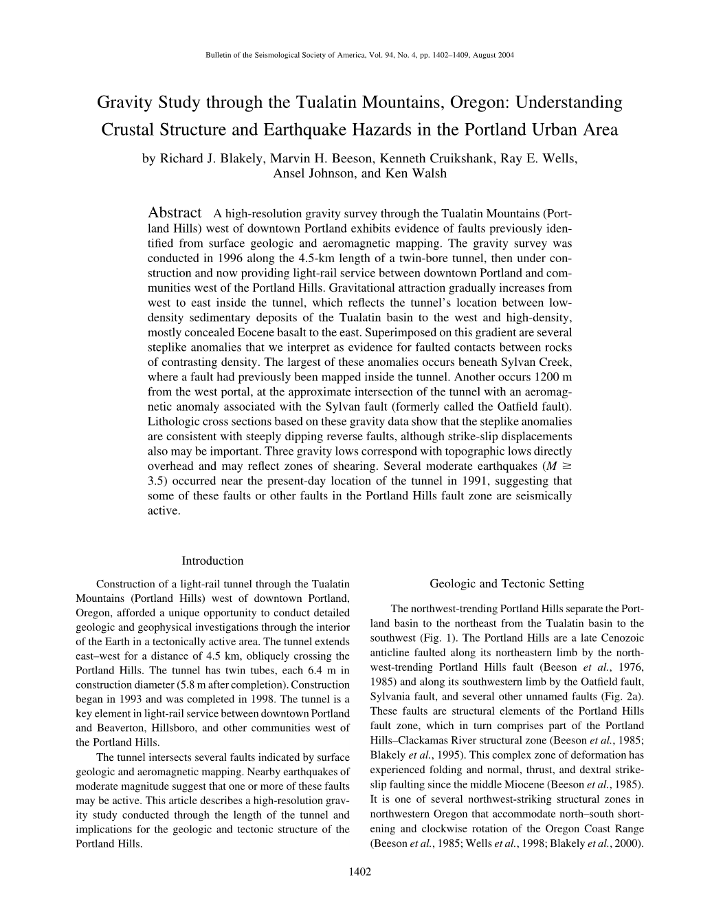 Gravity Study Through the Tualatin Mountains, Oregon: Understanding Crustal Structure and Earthquake Hazards in the Portland Urban Area by Richard J