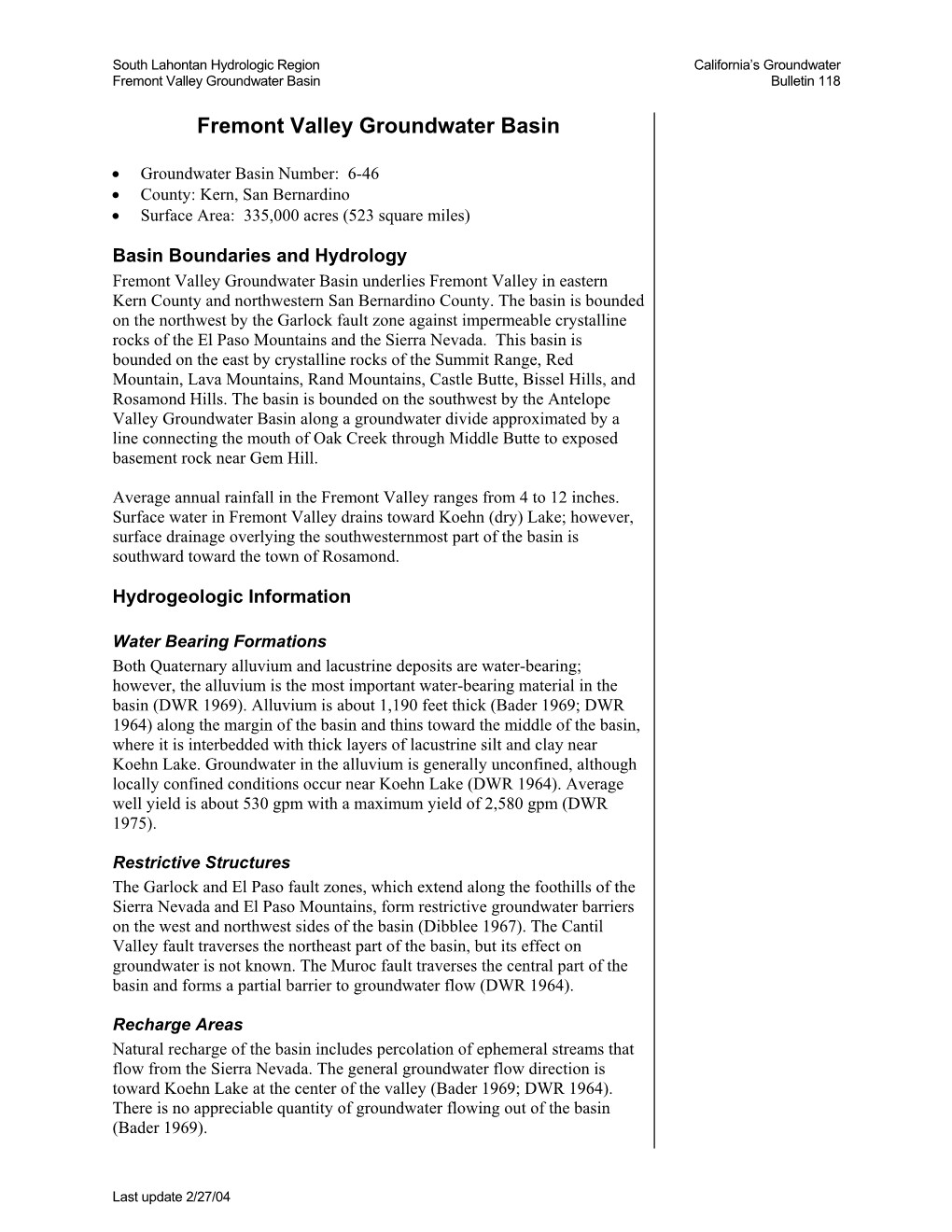 Fremont Valley Groundwater Basin Bulletin 118