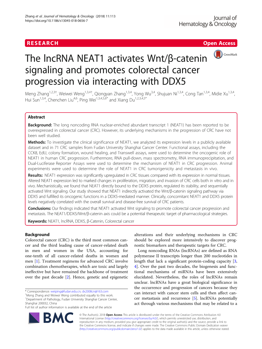 The Lncrna NEAT1 Activates Wnt/Β-Catenin Signaling and Promotes Colorectal Cancer Progression Via Interacting with DDX5