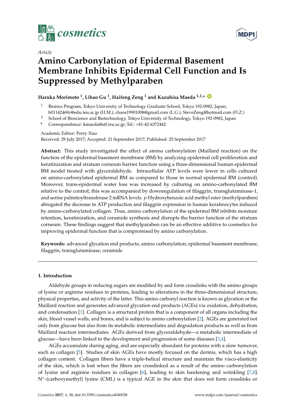 Amino Carbonylation of Epidermal Basement Membrane Inhibits Epidermal Cell Function and Is Suppressed by Methylparaben