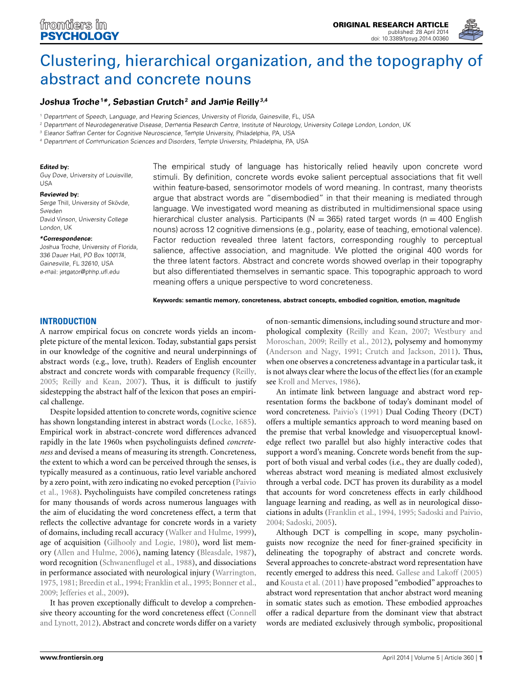 Clustering, Hierarchical Organization, and the Topography of Abstract and Concrete Nouns