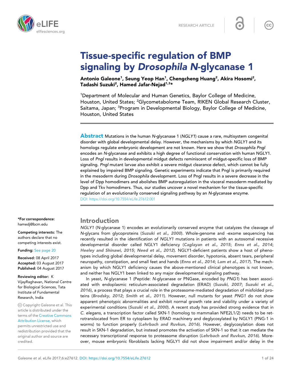 Tissue-Specific Regulation of BMP Signaling by Drosophila N-Glycanase 1