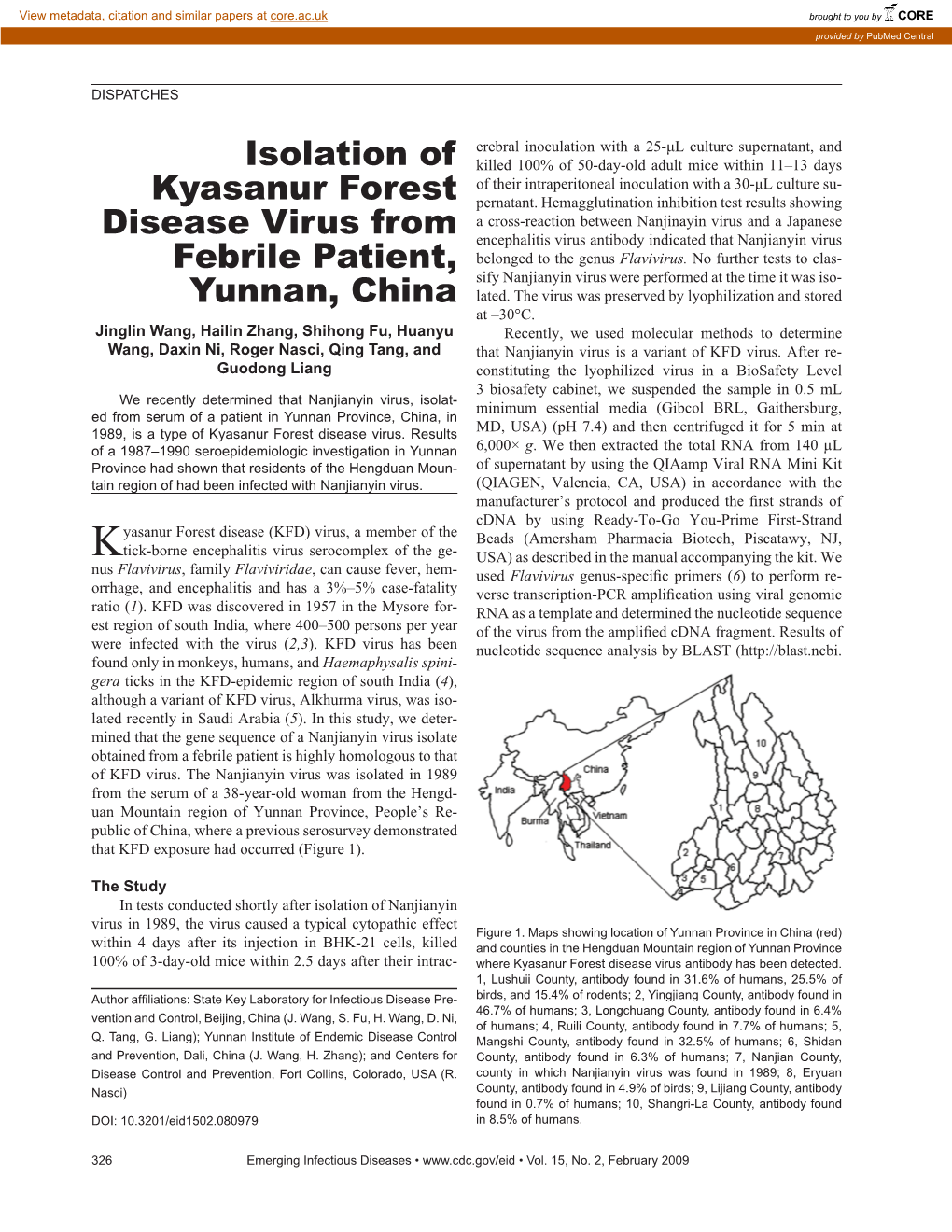 Isolation of Kyasanur Forest Disease Virus from Febrile Patient, Yunnan