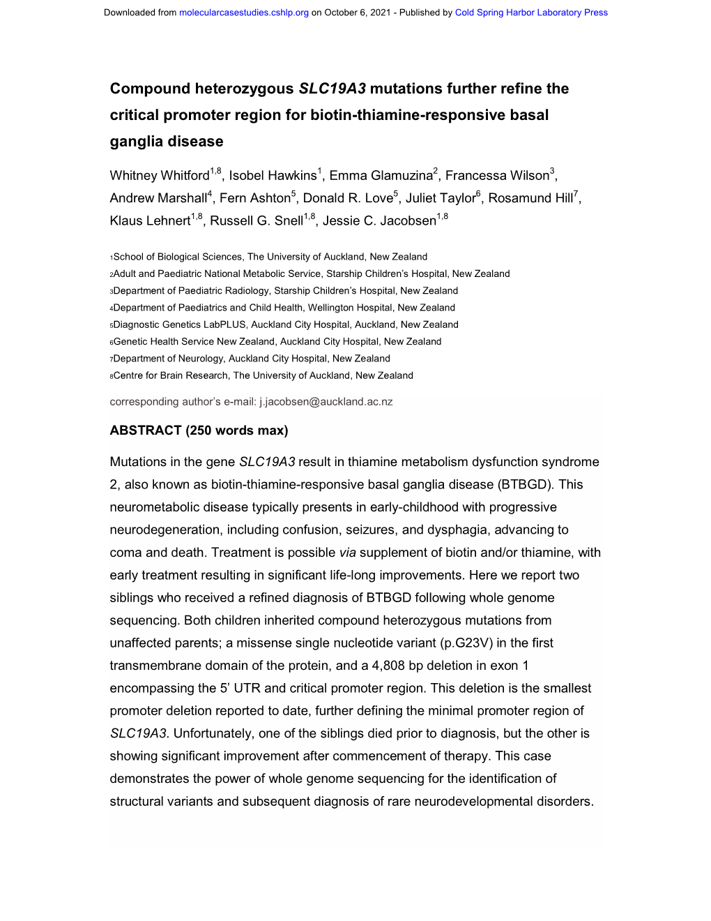 Compound Heterozygous SLC19A3 Mutations Further Refine the Critical Promoter Region for Biotin-Thiamine-Responsive Basal Ganglia Disease