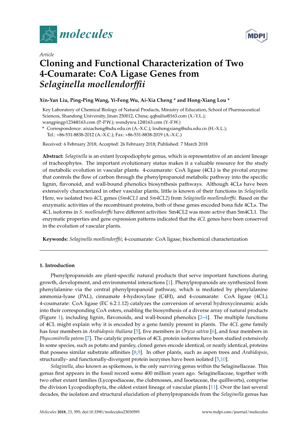 Coa Ligase Genes from Selaginella Moellendorffii