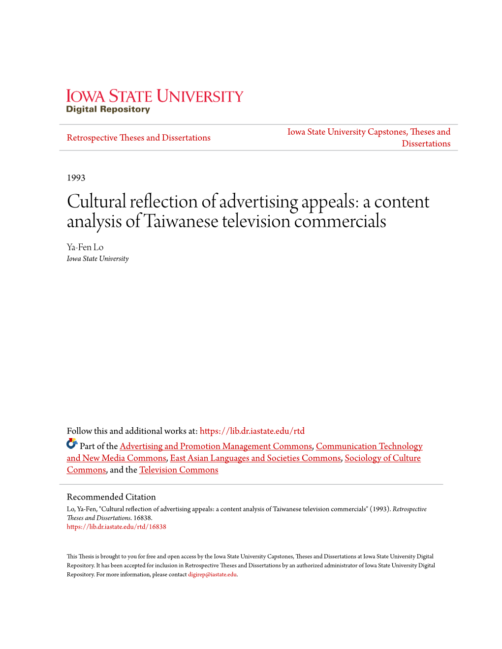 A Content Analysis of Taiwanese Television Commercials Ya-Fen Lo Iowa State University