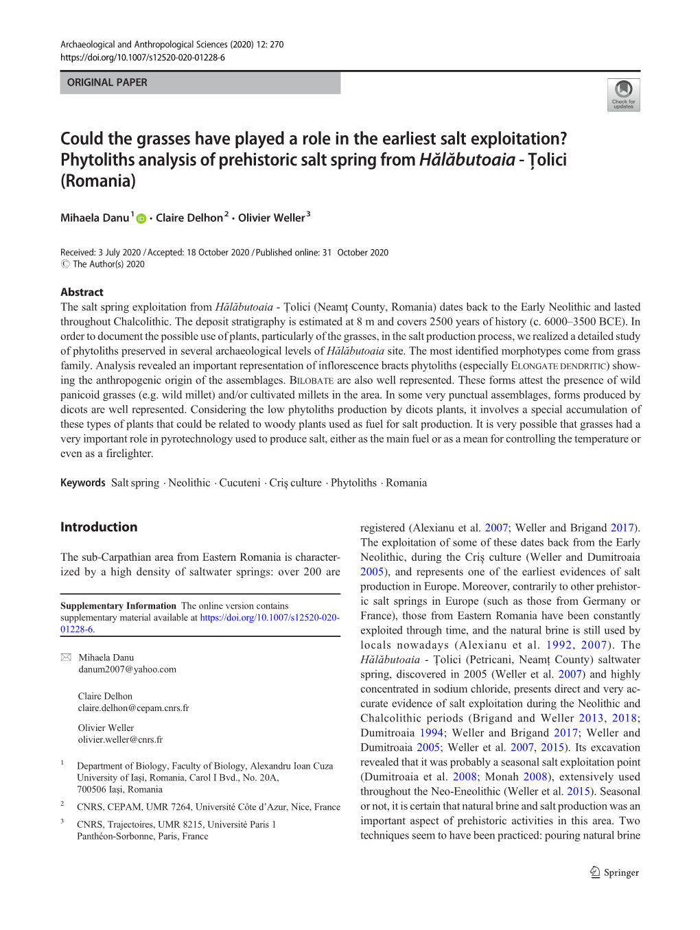 Phytoliths Analysis of Prehistoric Salt Spring from Hălăbutoaia - Ţolici (Romania)