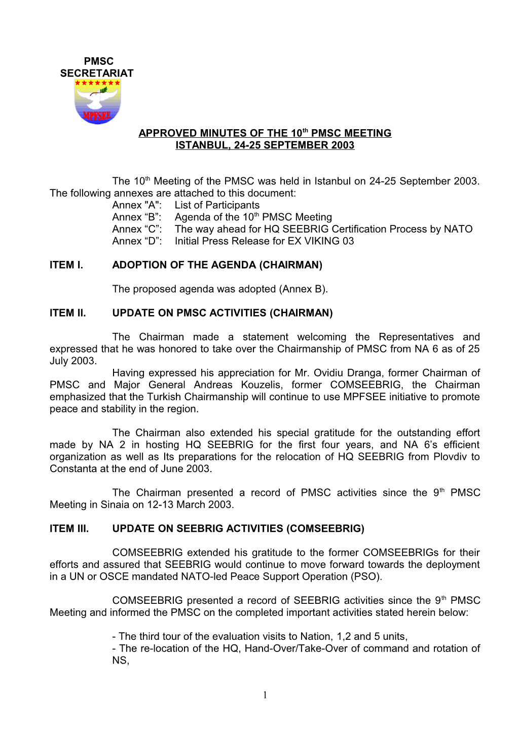 Minutes of 10Th Pmsc Meeting