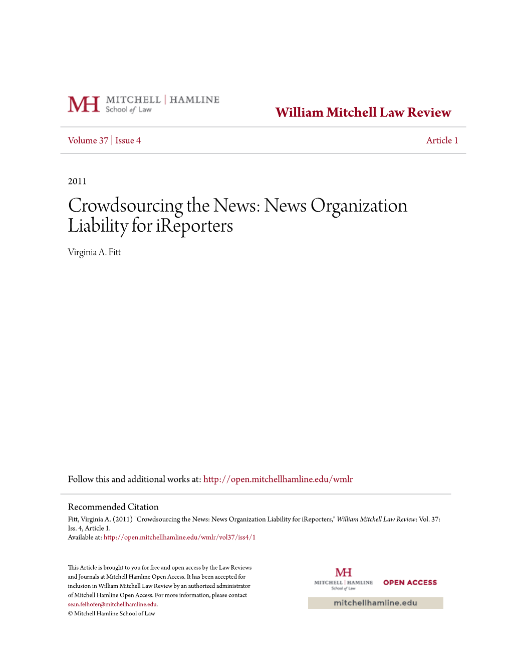 News Organization Liability for Ireporters Virginia A