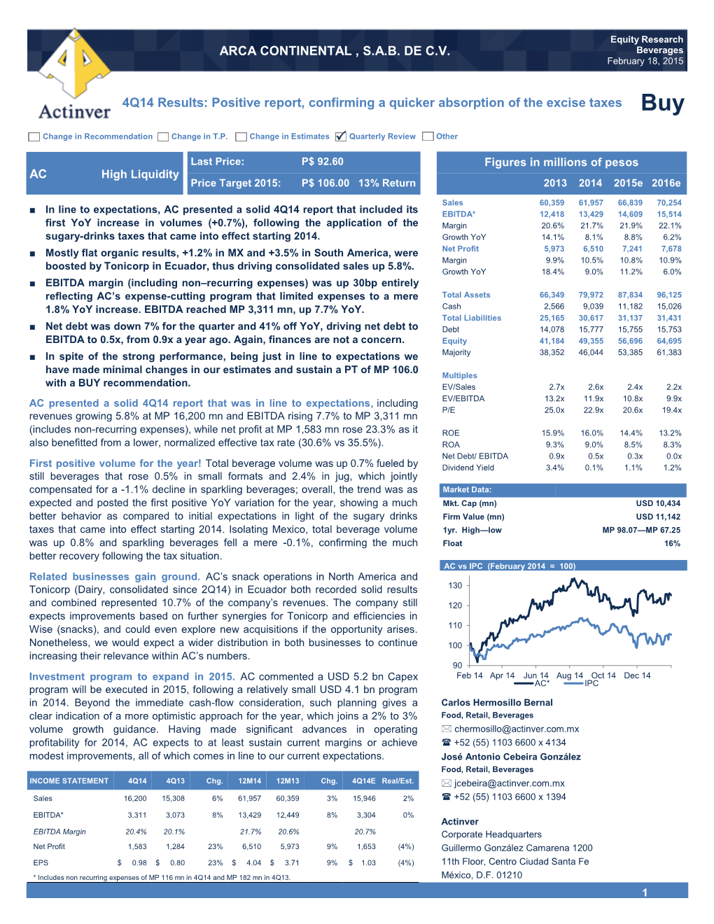 ARCA CONTINENTAL , SAB DE CV 4Q14 Results