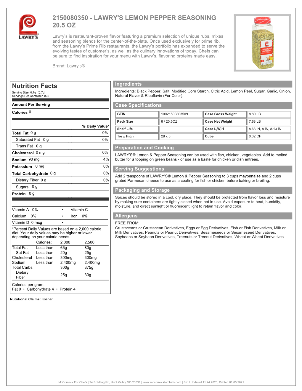 LAWRY's LEMON PEPPER SEASONING 20.5 OZ Nutrition Facts