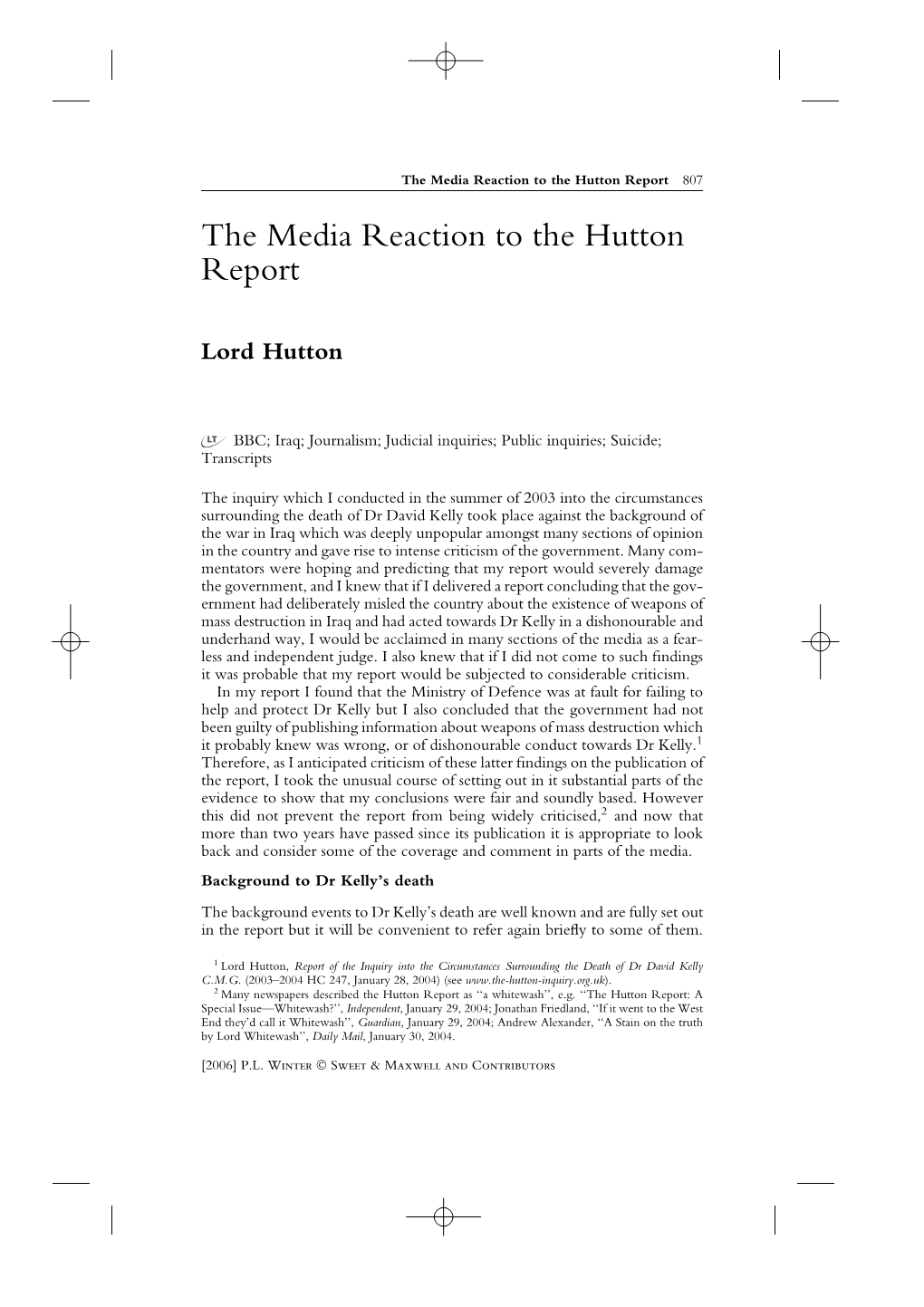 The Media Reaction to the Hutton Report 807 the Media Reaction to the Hutton Report