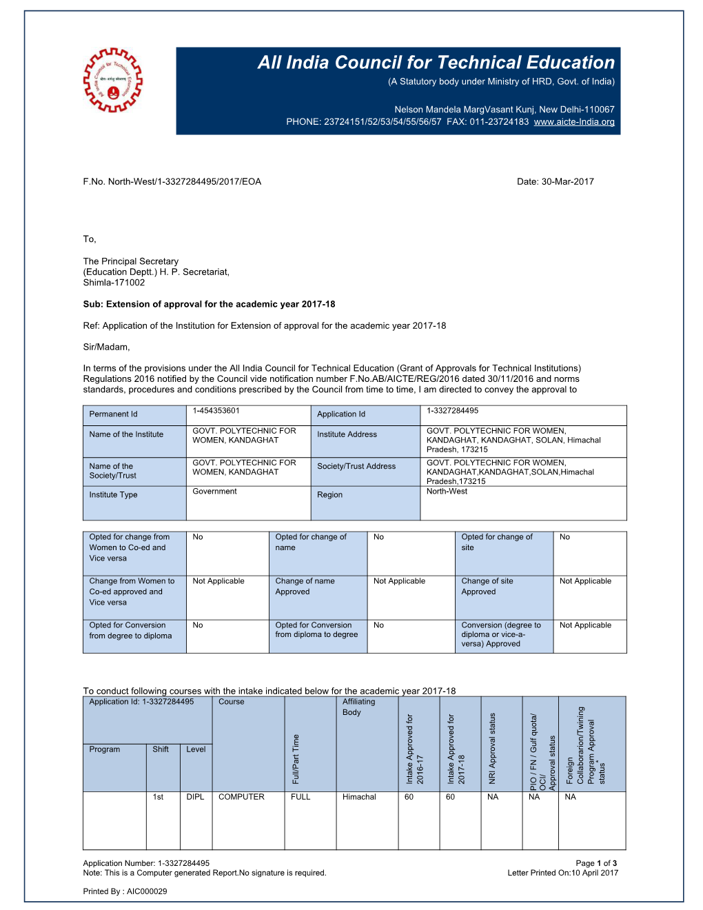 India Council for Technical Education (A Statutory Body Under Ministry of HRD, Govt