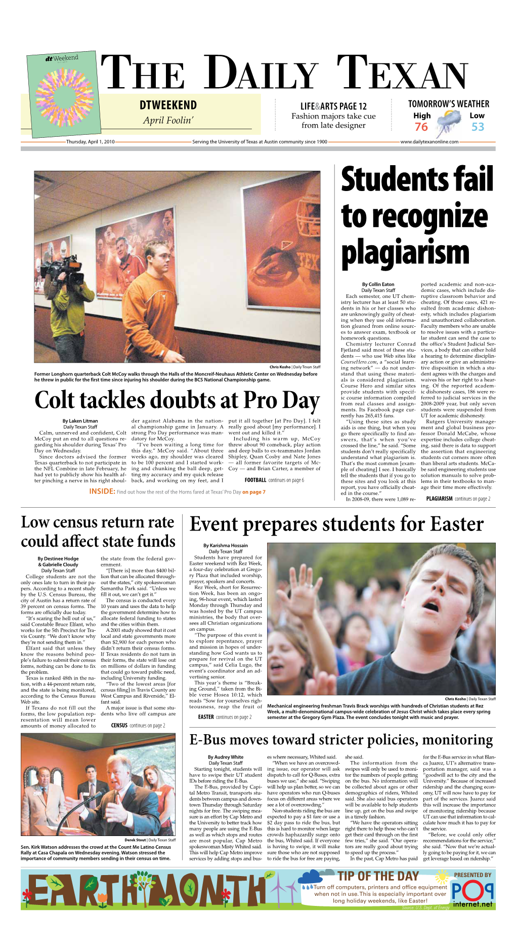 THE DAILY TEXAN DTWEEKEND LIFE&ARTS PAGE 12 TOMORROW’S WEATHER High Low April Foolin’ Fashion Majors Take Cue from Late Designer 76 53