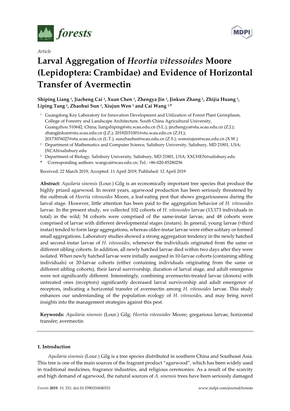 Larval Aggregation of Heortia Vitessoides Moore (Lepidoptera: Crambidae) and Evidence of Horizontal Transfer of Avermectin