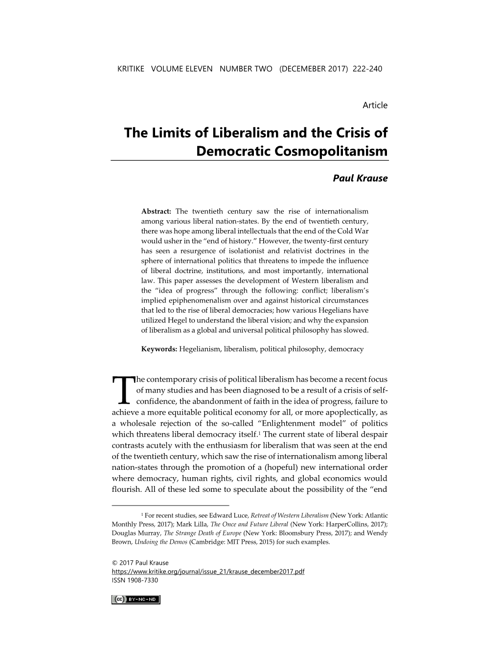 The Limits of Liberalism and the Crisis of Democratic Cosmopolitanism