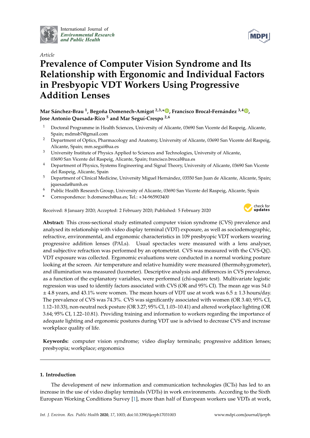 Prevalence of Computer Vision Syndrome and Its Relationship with Ergonomic and Individual Factors in Presbyopic VDT Workers Using Progressive Addition Lenses