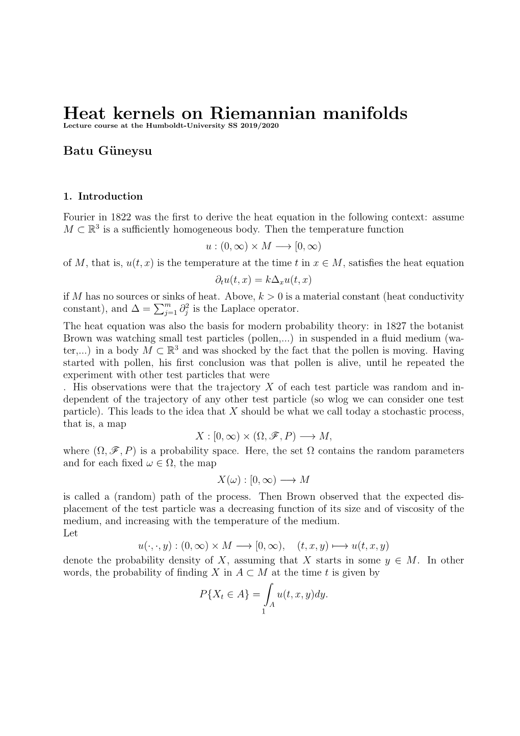 Heat Kernels on Riemannian Manifolds Lecture Course at the Humboldt-University SS 2019/2020