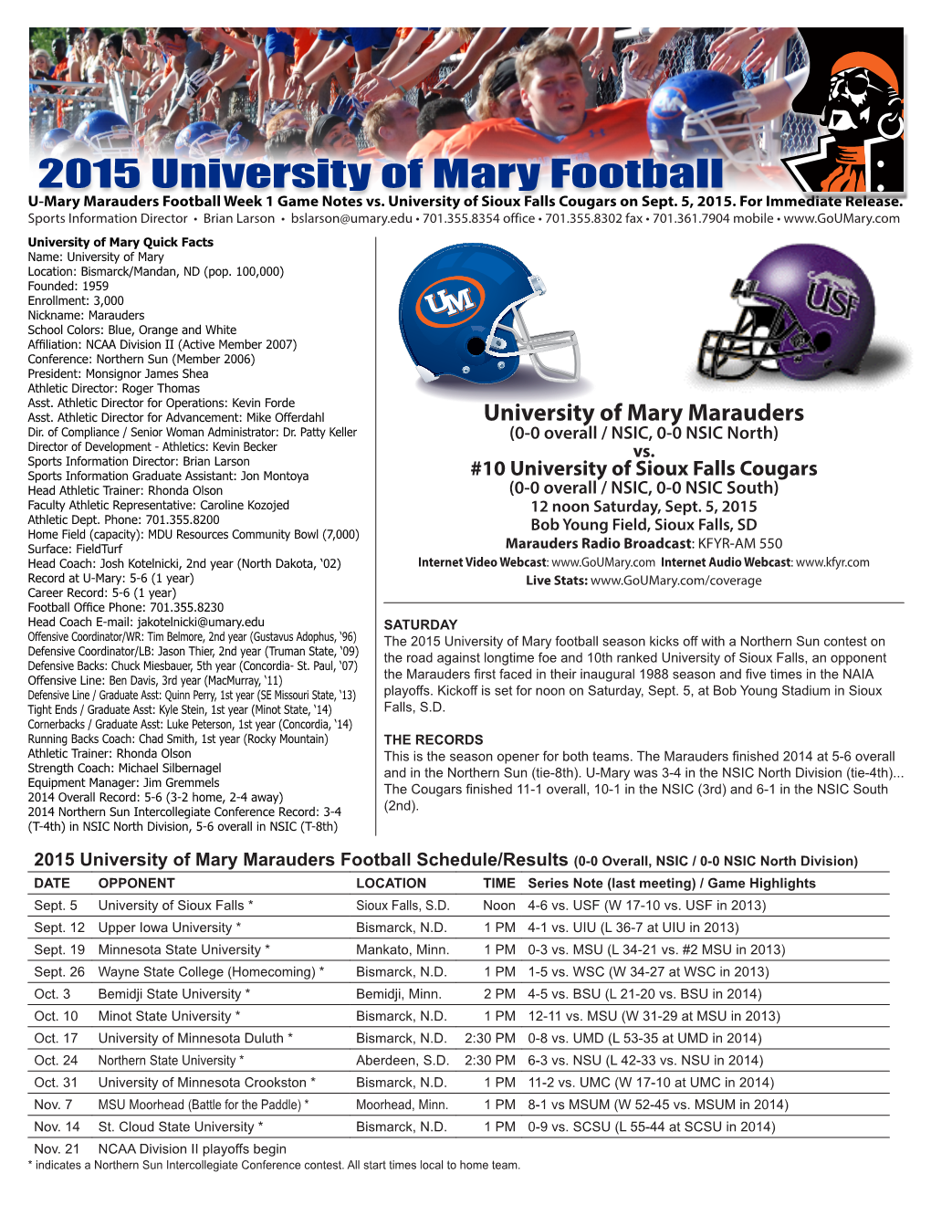 2015 University of Mary Football U-Mary Marauders Football Week 1 Game Notes Vs