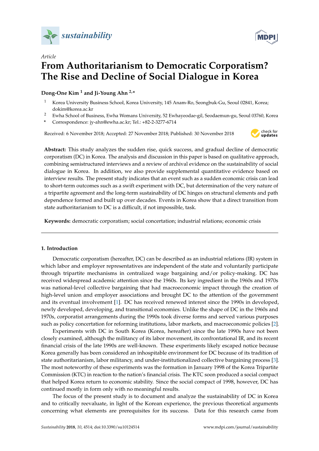 From Authoritarianism to Democratic Corporatism? the Rise and Decline of Social Dialogue in Korea