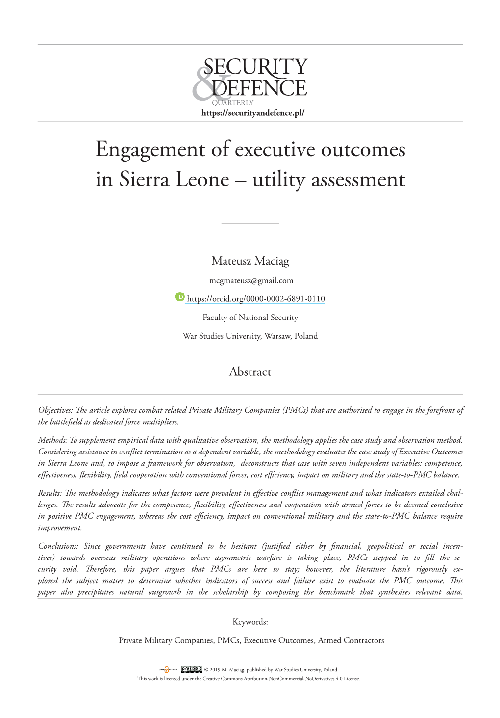 Engagement of Executive Outcomes in Sierra Leone – Utility Assessment