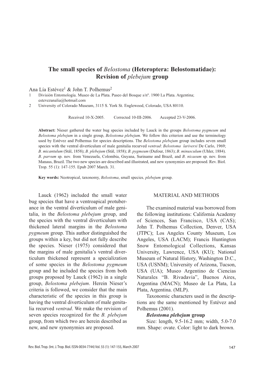 The Small Species of Belostoma (Heteroptera: Belostomatidae): Revision of Plebejum Group