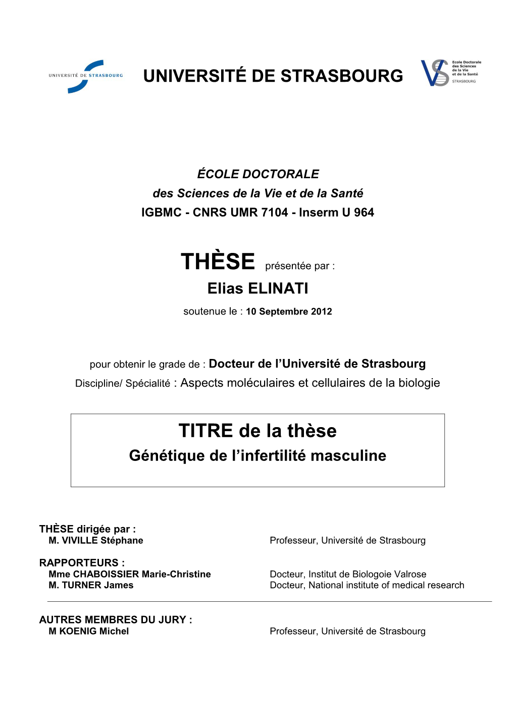 TITRE De La Thèse Génétique De L’Infertilité Masculine